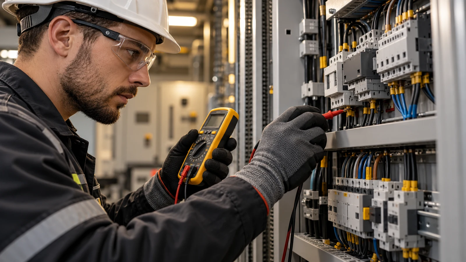 Elektrikár meria elektrické zapojenie rozvádzača multimetrom