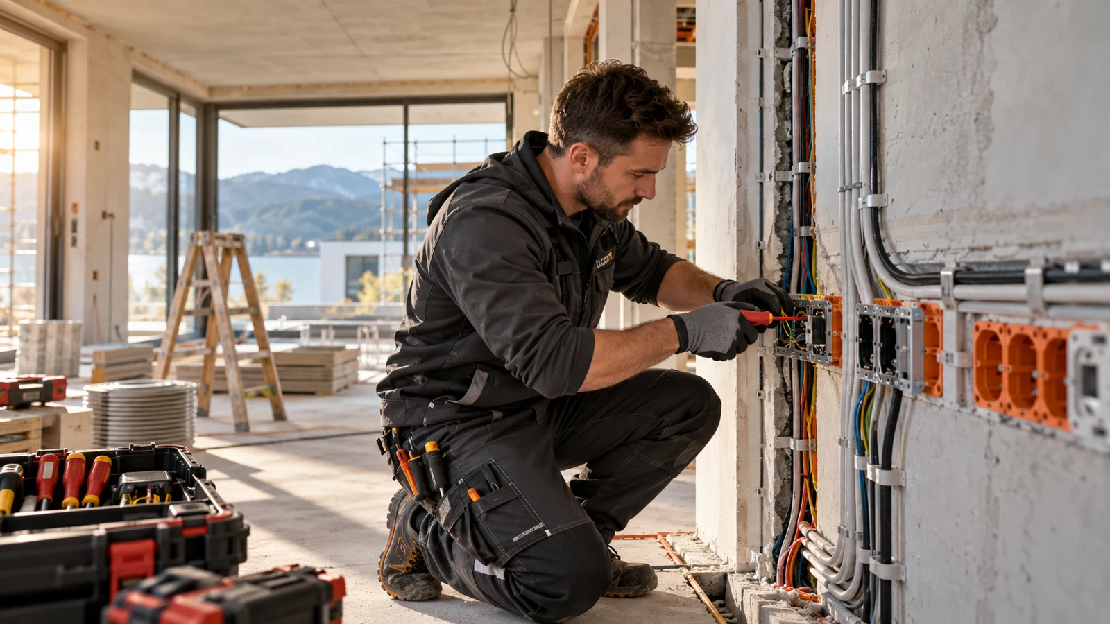 Elektrikár zapája elektrické vedenie v rozostavanej budove